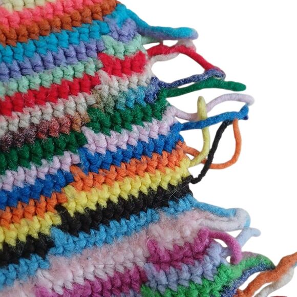 1980's Crochet Afghan Blanket Retro Rainbow Throw Fringe Ends Upcycled 67" x 52" - Picture 2 of 14